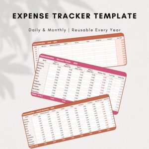 Expense Tracker Template collection showing three spreadsheet views including a monthly daily tracker, a Skincare category tracker with weekly breakdown and an Annual Summary. Daily and monthly tracking, reusable every year.